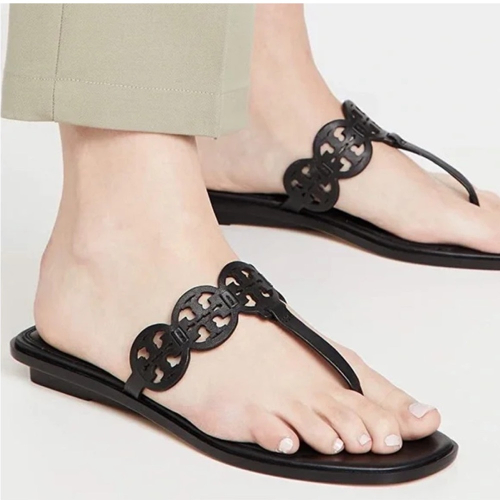 Tory Burch Tiny Miller Sandal Flat Logo Calf Leather Thong, Perfect Black sz 9